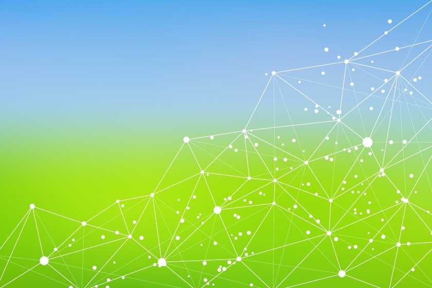 Geometric shapes resulting from joining random dots over a graded background.