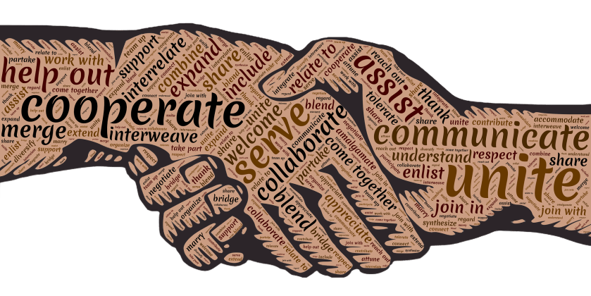 A handshake with written words of socialization creating a textured look