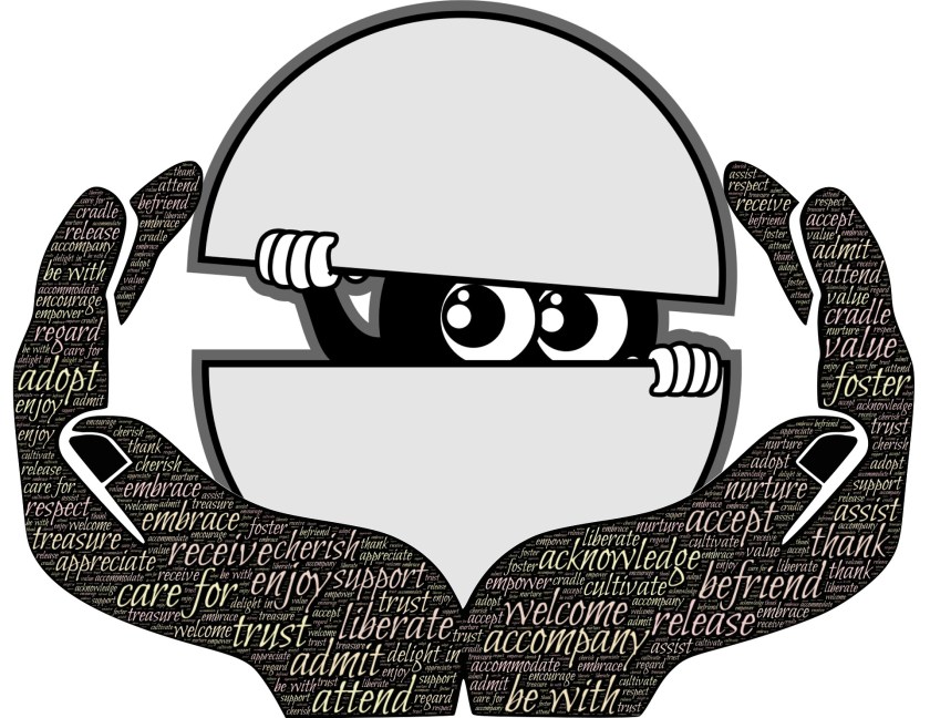 Loving hands cradling an egg, from which a cartoon character is peaking out cautiously.