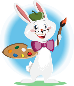 أرنب مبتسم يلبس هيئة فنان يمسك فرشاة رسم في يده اليسرى ولوح به ألوان في يده اليمنى