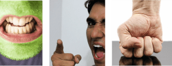ثلاث صور متجاورة أولاهم قبضة يد تطرق على سطح صلب، والثانية رجل مقتضب الجبين يصرخ ويوجه إصبع الاتهام، والثالثة شخص يكشف عن أسنانه بتحدٍ وعدوانية.