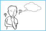 رسم لولد يفكر ولم تتبلور أفكاره فتحيطه علامات استفهام.